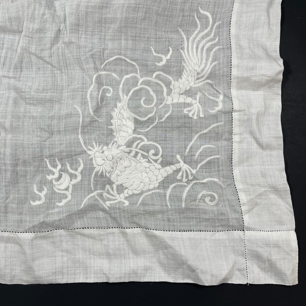 Vintage Hand Embroidered Dragon Handkerchief Napkins White Linen Chinoiserie